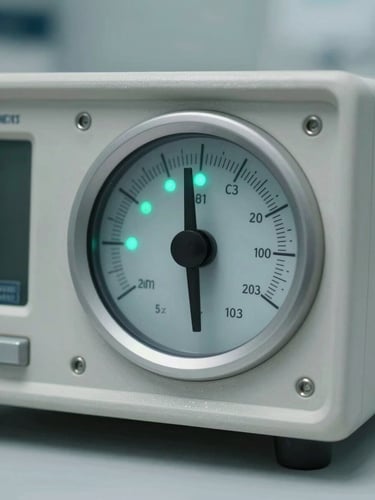 Top-down macro photograph of a clinical audiometer interface, focusing on a precise digital decibel dial and glowing teal indicator lights in a sterile laboratory environment.