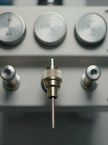 Top-down macro photograph of a sterile clinical probe-tube microphone setup, silver calibration dials, neutral laboratory lighting, high-contrast focus on the probe tip.