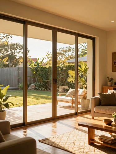 Bright sun-drenched Argentine living room with large installed aluminum sliding doors, warm golden-hour sunlight streaming through clean glass, high-contrast vibrant colors, 35mm lens