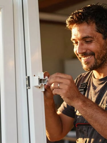 Candid close-up of a friendly Argentine craftsman in a workshop assembling a clean white aluminum window frame, warm golden sunlight glinting off the metal, 35mm lens