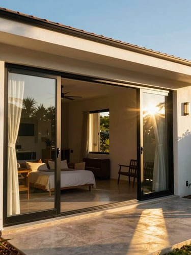 Warm editorial photography of a modern Argentine suburban home, a large black aluminum sliding glass door opens onto a sun-drenched patio, bright golden-hour sunlight streaming through the clean glass, vibrant colors, 35mm lens.