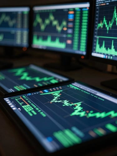 Close-up macro shot of a multi-monitor trading setup in a low-light environment, glowing green and navy financial charts reflecting on a sleek dark surface, 35mm editorial photography