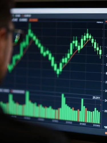 Macro over-the-shoulder shot of a trader analyzing glowing green candlestick charts on a dark terminal screen, low-key lighting, 35mm