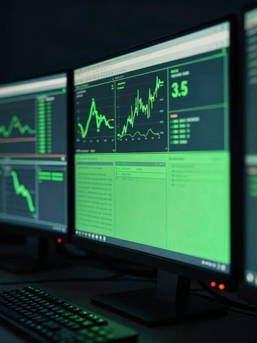 Close-up of a high-end multi-monitor trading desk in a dark room, ambient screen glow casting neon green light, 35mm, shallow depth of field