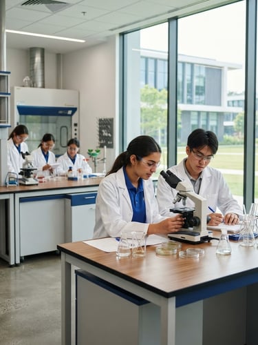 A crisp environmental shot of a modern international school campus, bright natural daylight streaming through large windows, focused students in a state-of-the-art laboratory, professional depth of field.