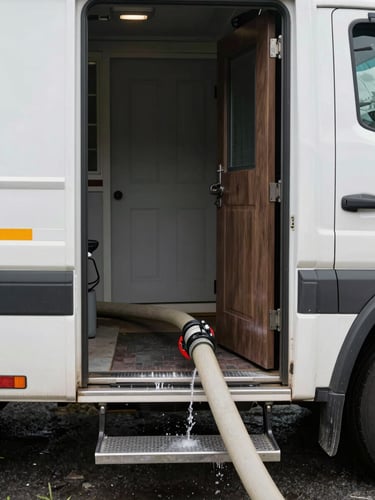 Close ground-level view of a truck-mounted extraction hose running into a residential doorway, water visible on the threshold, overcast daylight, documentary framing