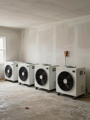 Wide shot of a bare drywall room with four industrial dehumidifiers and air movers running in formation, moisture meter affixed to wall stud, cables on concrete floor, cool ambient interior light