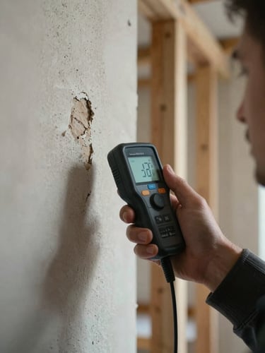 Close-up of a technician's hand holding a moisture meter against exposed drywall, digital readout visible, bare wall studs in background, cool overcast interior light, documentary framing