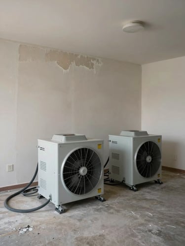 Wide documentary interior shot, overcast ambient light, industrial air movers and dehumidifiers running in an empty residential room, moisture-damaged drywall visible to the left third, equipment hoses on concrete floor, no people