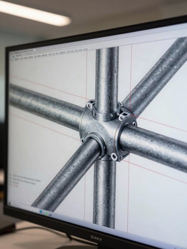 Macro close-up of a detailed BIM structural model on an office screen, highlighting steel joints, load paths, and precise engineering calculations, crisp office lighting