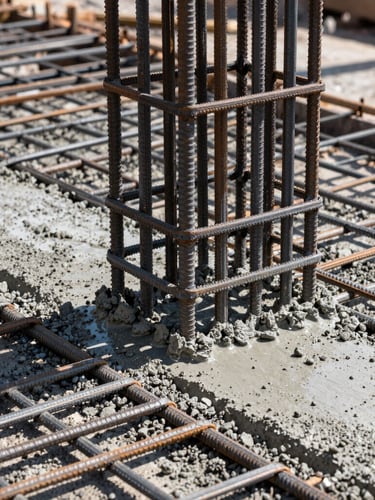 Detailed macro photograph of a concrete pour on an active job site, steel rebar grid visible beneath the wet concrete under bright daylight.