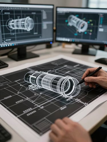 Macro close-up of a detailed structural blueprint overlaying a high-contrast BIM CAD model on a dual-monitor setup in a focused engineering office.