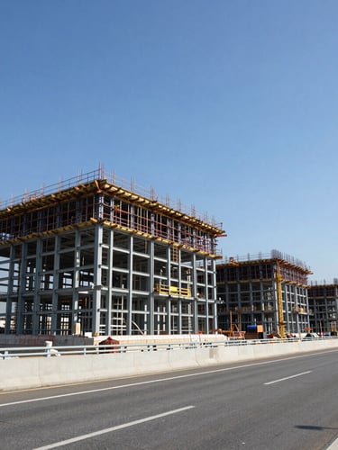 Extreme wide-angle environmental shot of an active highway infrastructure construction site, crisp daylight, structural steel framing visible against a clear blue sky.