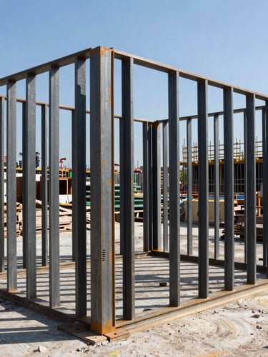 A crisp, high-contrast vertical shot of structural steel framing on an active municipal construction site, bright daylight casting sharp shadows.