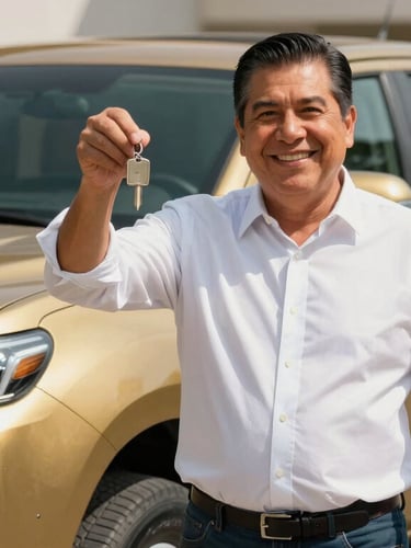 Plano medio de un ganador mexicano sonriente sosteniendo las llaves de su nueva camioneta pickup dorada, luz natural brillante de Monterrey, encuadre limpio
