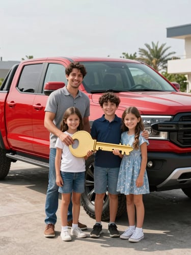Wide shot of a smiling family standing in front of a brand new glossy red 4x4 pickup truck, holding a giant golden key, bright outdoor daylight, Monterrey background.
