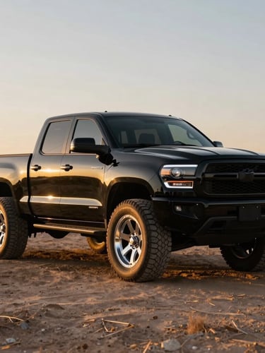 Wide panoramic shot of a customized glossy black 4x4 pickup truck parked in the Mexican desert at golden hour, dramatic high-contrast lighting highlighting the chrome wheels and aggressive stance.