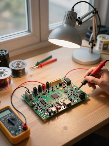 Overhead flat-lay of a electronics repair workbench in active use, a damaged industrial PCB board at center under a work lamp, multimeter probes touching test points, soldering iron resting in its holder, component reels and tweezers arranged to the sides, natural north-facing window light mixing with warm lamp light, no human faces visible
