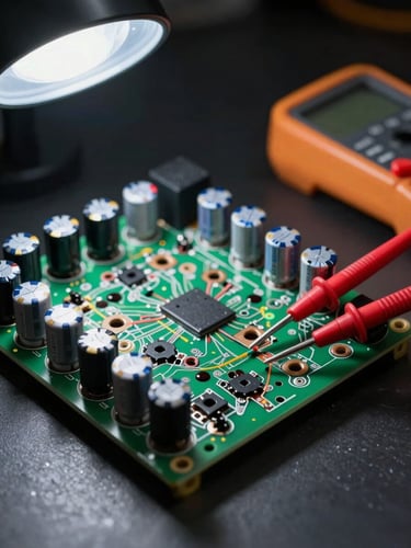 Extreme close-up of a failed industrial switching power supply board on a workbench, burnt capacitors and damaged traces visible, multimeter probes resting on the board, work-lamp illumination casting hard shadows on the components, dark background