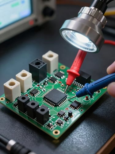Close-up overhead flat-lay of an industrial temperature control PCB on a dark workbench, PID controller chip visible, fine solder joints under magnification light, oscilloscope probe tip touching a test point, cool daylight from upper left, no background clutter