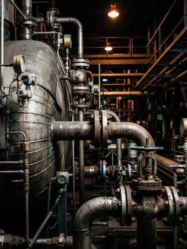 Close-up of an industrial pressure vessel with steel pipes, dramatic factory lighting, sharp focus on technical details, 35mm lens