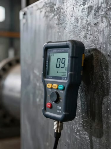 Close-up of a digital ultrasonic thickness gauge showing precise measurements on a heavy steel pipe wall, sharp focus, 35mm lens.