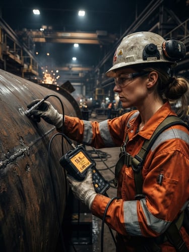 Close-up of an industrial engineer in full safety gear operating a digital ultrasonic thickness gauge on a heavy steel pressure vessel wall, dramatic factory lighting, high contrast steel tones, sharp focus.