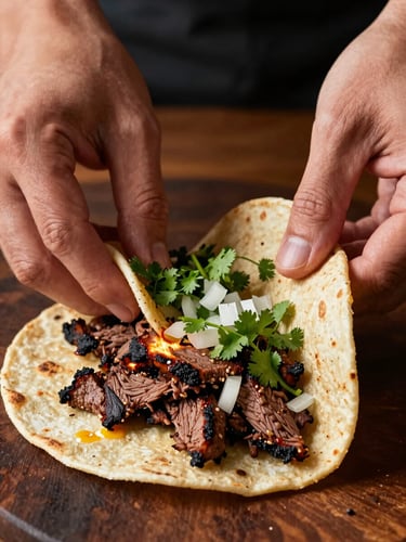 Extreme close-up framed from above, hands folding a corn tortilla over char-edged carne asada, cilantro and diced white onion visible mid-placement, warm tungsten light raking across the filling, dark wooden prep surface, no faces