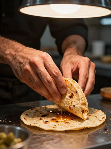 Portrait-format close-up of a chef's hands folding a taco at a live station, warm tungsten light overhead, char marks on the tortilla visible, sauce drizzle mid-pour in the foreground, dark blurred station background