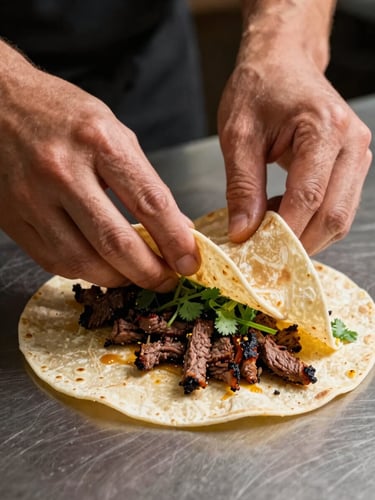 Extreme close-up of a chef's hands folding a fresh corn tortilla over seasoned carne asada on a dark steel prep surface, warm tungsten light raking across the scene, charred meat and fresh cilantro visible in sharp detail