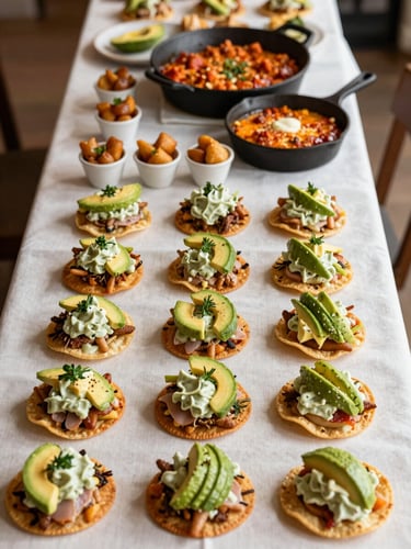 Overhead shot of a full appetizer spread on a long serving table, small tostadas with crema and avocado, elotes in small cups, and queso fundido in a cast iron skillet, bright even light, cream linen tablecloth
