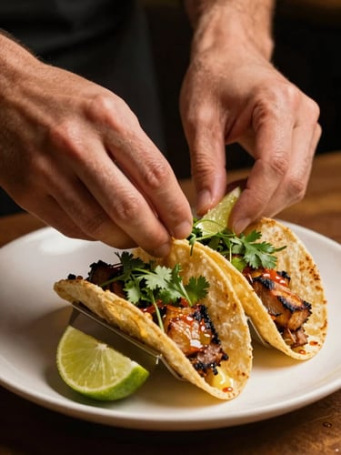 Tight close-up of a chef's hands arranging garnishes on a finished taco platter under warm golden light, char visible on grilled proteins, cilantro and lime wedge in sharp focus, dark background
