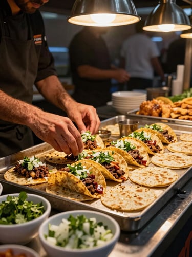 Wide shot of a taco station at a live event, chef's hands arranging al pastor on a row of corn tortillas, warm tungsten overhead light illuminating the spread, garnish bowls of cilantro and onion in the foreground, dark background