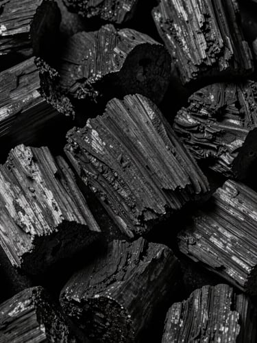Macro high-contrast side-lit shot of dense, uniform Angolan hardwood charcoal lumps showing detailed grain texture, dark charcoal background
