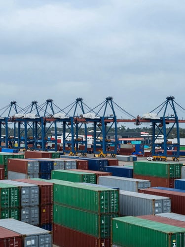 A wide-angle industrial view of the Port of Luanda under cool overcast daylight, massive stacks of green and silver shipping containers, container cranes towering in the background.