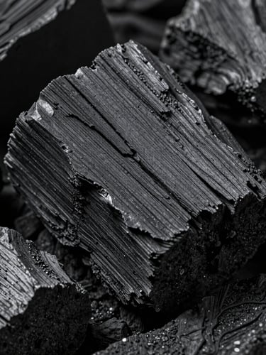 Macro shot of massive, high-density charcoal lumps showing deep, clean wood grain textures, high-contrast side-lighting