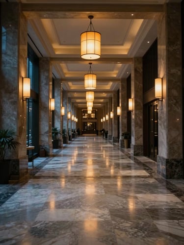 Wide architectural interior of a luxury hotel lobby corridor at night, marble floors reflecting amber pendant lights in a long symmetrical vanishing-point perspective, no staff, no guests, deep shadow at the far end, cool blue ambient from floor-level lighting contrasting warm ceiling fixtures