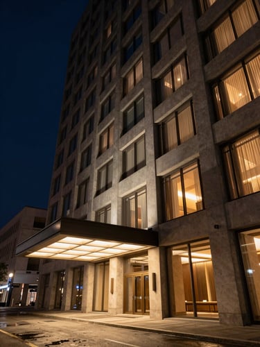 Wide cinematic frame of a luxury hotel exterior facade at night, shot from street level looking up at the right third of the composition — geometric concrete and glass architecture with warm amber lighting emanating from interior corridors, deep blue-black sky filling the upper left, a single illuminated entrance canopy casting a precise cone of light onto wet pavement below