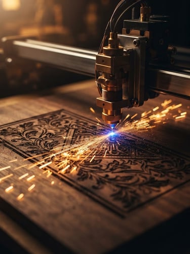 Macro product photography of a precise laser cutting machine engraving a wood panel, warm directional studio lighting, gold sparks, deep jewel tones, depth of field.