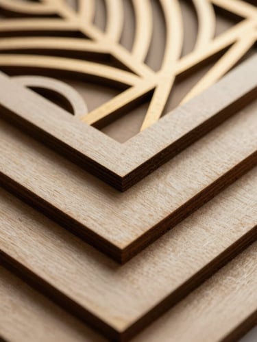 Macro close-up of laser-cut MDF wood texture, clean precise dark edges, golden studio light casting soft shadows, elegant geometric patterns