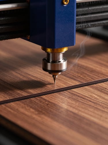 Macro close-up of a high-precision laser cutter creating clean dark edges on a polished wood sheet, warm studio lighting, atmospheric smoke, deep jewel tones.