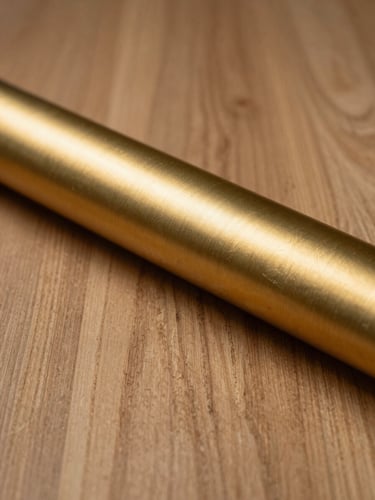 Minimalist studio composition of premium raw MDF wood textures and rolls of metallic gold vinyl, warm side lighting, soft shadows.