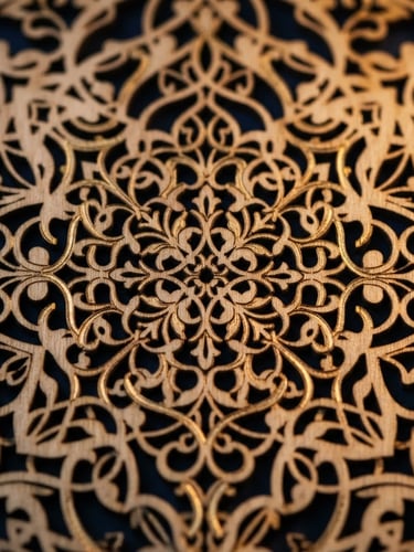 Elegant macro shot of laser-cut MDF wood with clean dark edges, warm studio lighting, deep midnight blue background, gold highlights, 3:4 portrait crop