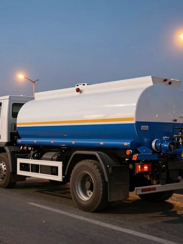 A heavy-duty 6-ton water tanker truck parked on a North Riyadh street at dusk, clean blue and white chassis, water valve details in focus, dramatic warm streetlights, high-contrast industrial commercial photography, wide-angle lens