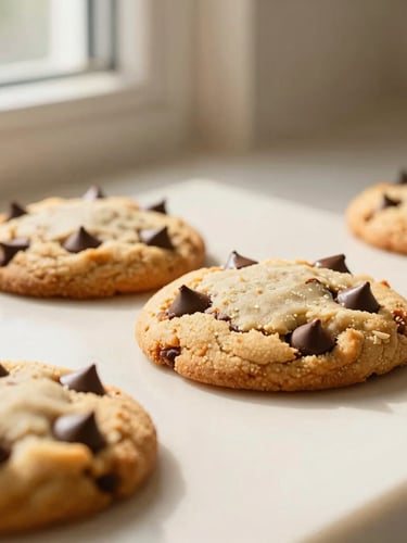 A tight macro shot of golden-brown chocolate chip cookies fresh from the oven, melting chocolate pools, warm morning window light casting soft shadows on a cream counter.