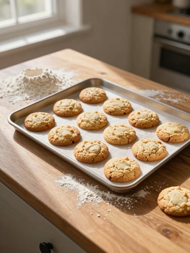 Overhead flat-lay of a wooden kitchen table with stone-ground flour dusted around a baking sheet of golden-baked cookies, warm morning sunlight, soft shadows