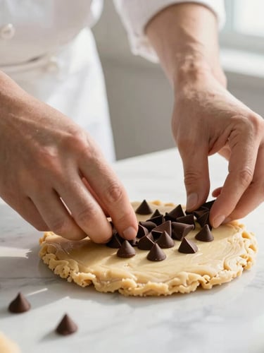 Close-up of a baker's hands gently folding rich dark chocolate chips into cookie dough on a clean, sunlit marble countertop, soft morning light, shallow depth of field