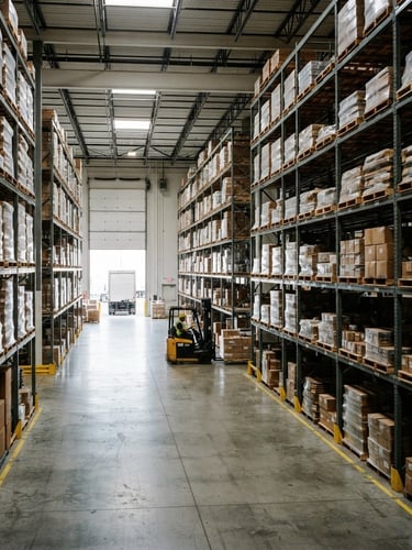 Crisp industrial photography of a clean warehouse interior, organized pallets stacked high on heavy steel racks, bright high-visibility industrial lighting, deep shadows, wide-angle 35mm shot