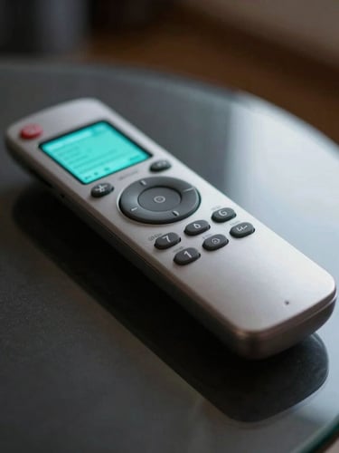 Tight close-up of a sleek, modern remote control resting on a dark glass table, soft cyan screen glow reflecting off its satin surface, low-key ambient room lighting, shallow depth of field.
