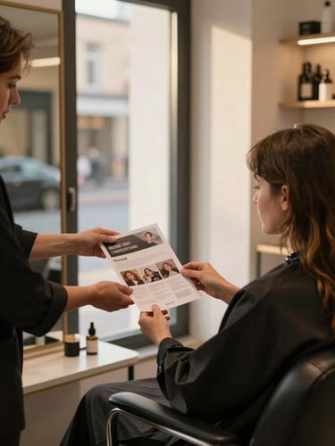 Environmental shot inside a small salon, the owner holding a printed social media graphic handed over by a freelancer sitting across from her, warm golden afternoon light through a shopfront window